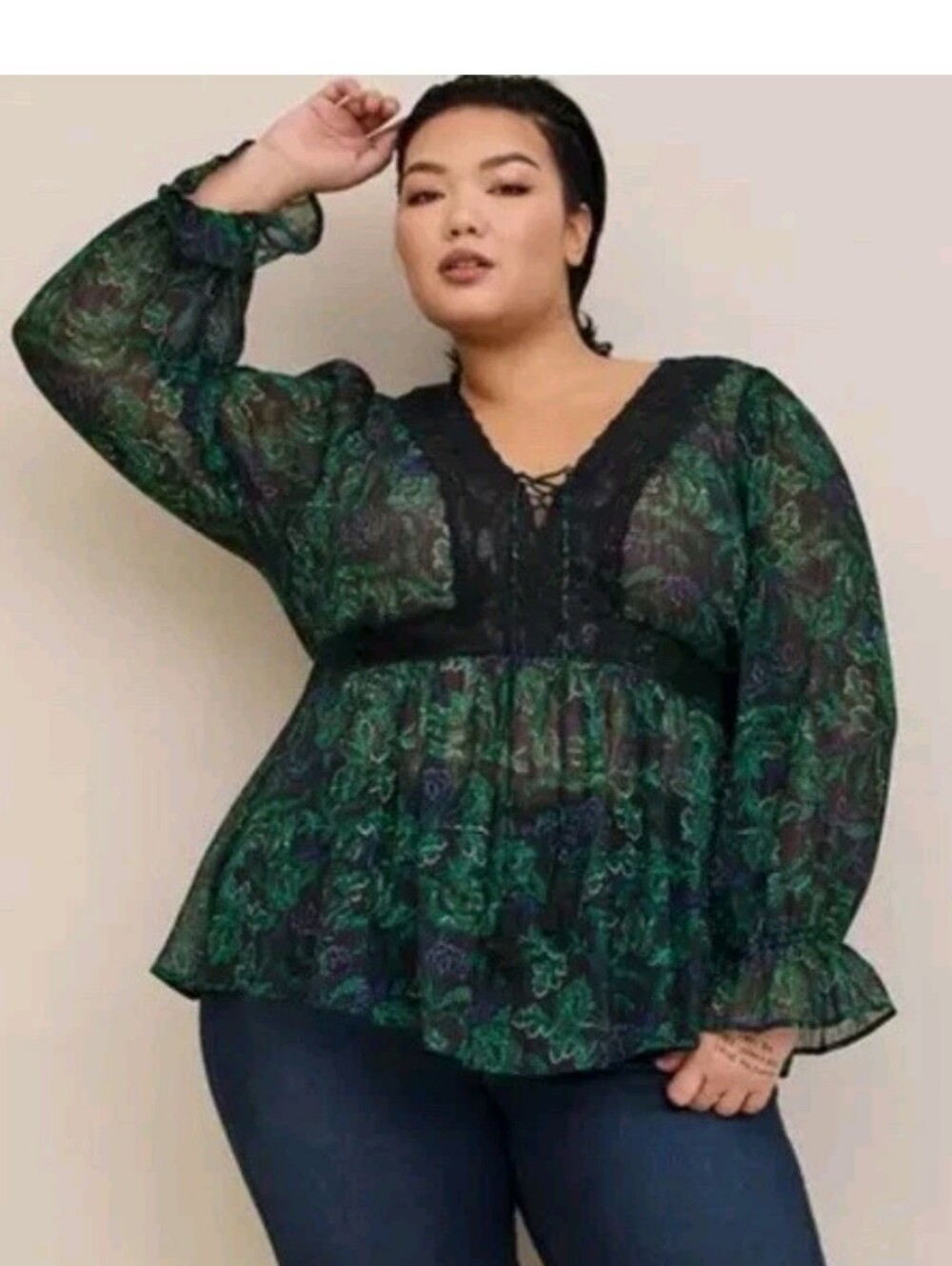 Torrid Sheer Floral Lace-Trim Blouse in Green/Blue Sz 1